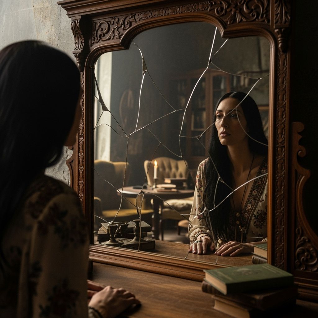 A woman gazes into a cracked, antique mirror that reflects a...