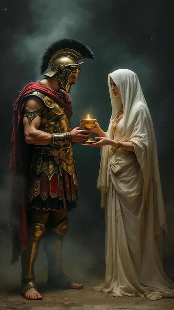 Roman Soldier Offering Cup in Dramatic Lighting