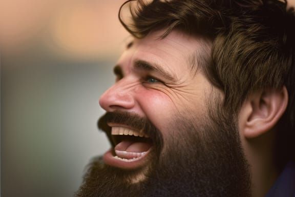 Bearded Man Laughing: Professional Close-up Portrait