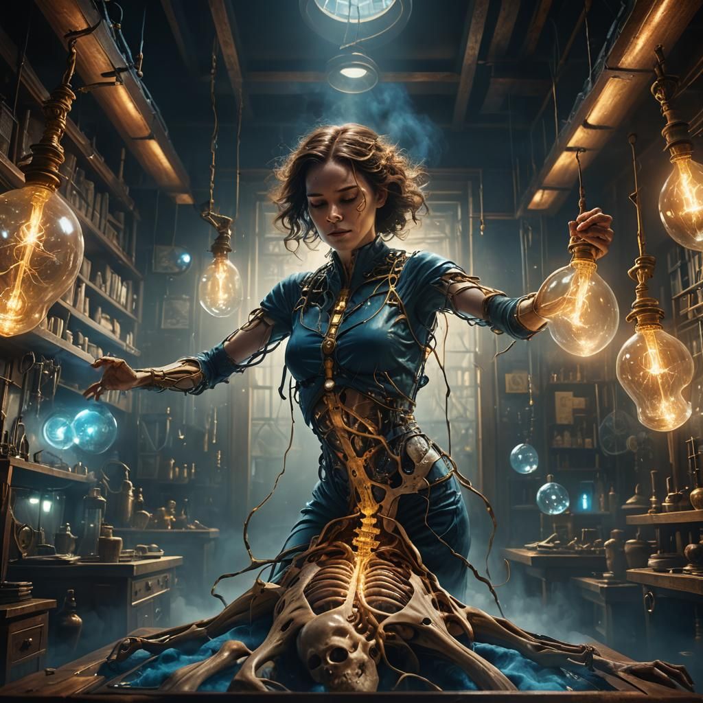 Levitating Dissected Woman in Mystical Laboratory