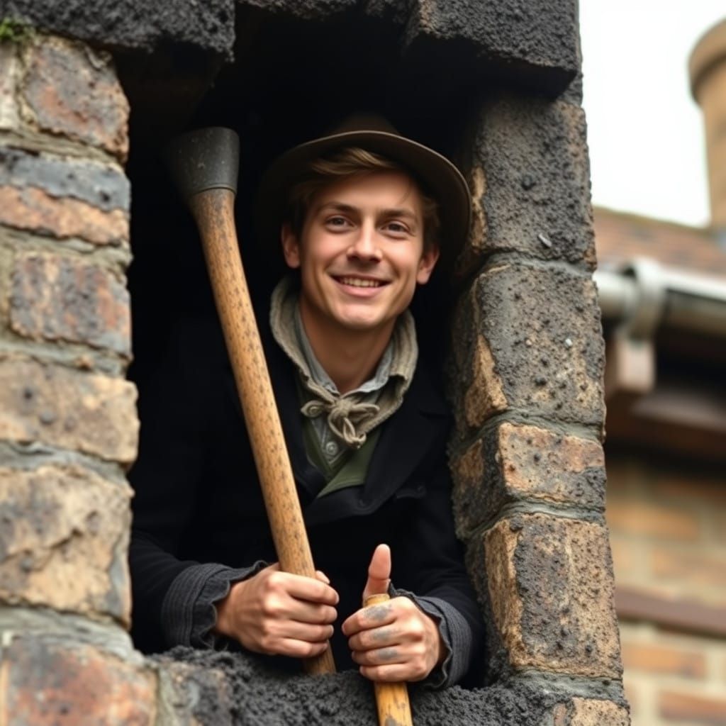 Victorian Era Chimney Sweep Smiles Brightly Amidst Sooty Sur...