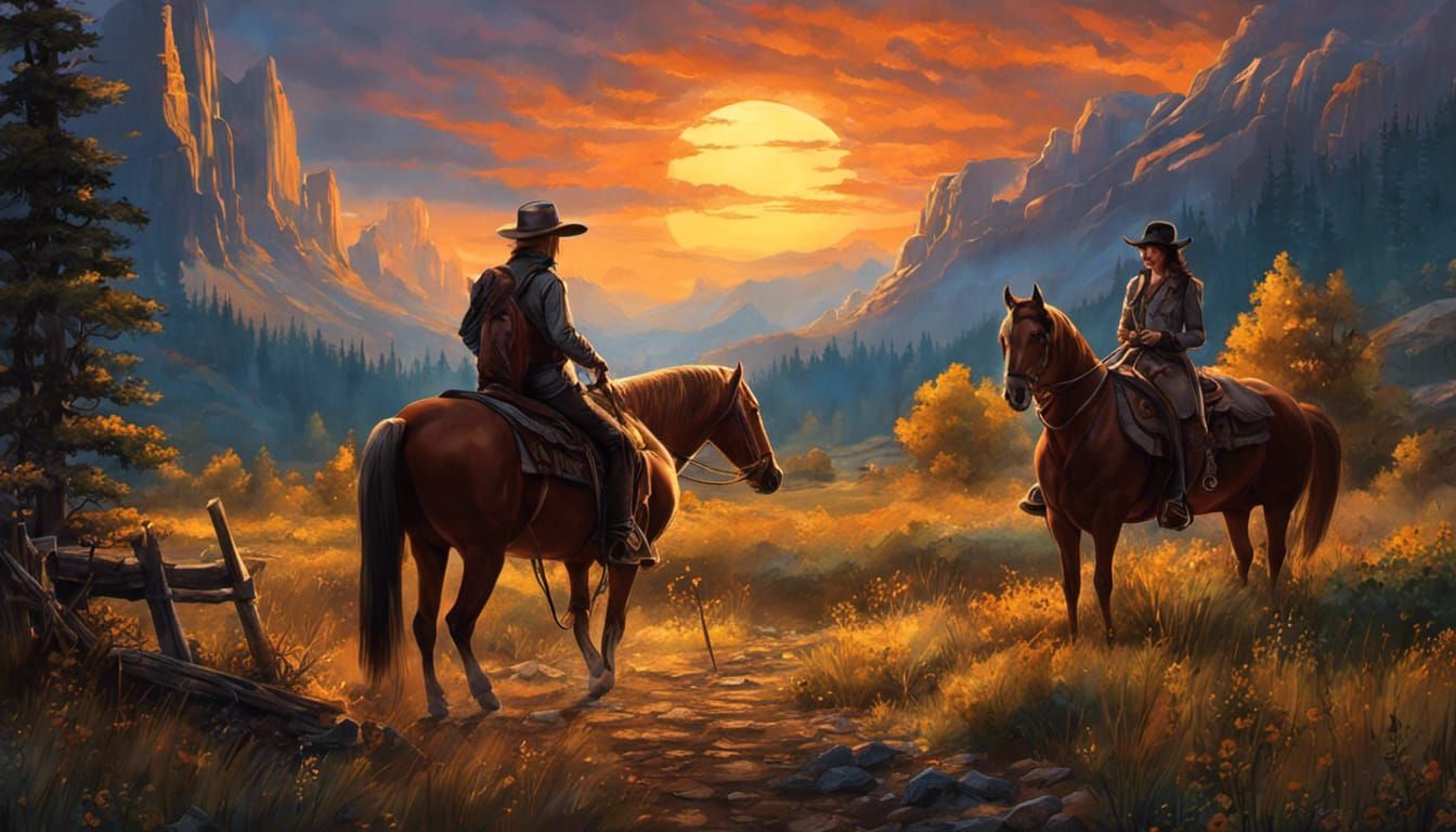 Cowgirl and Horse at Campfire Under Starry Galaxy