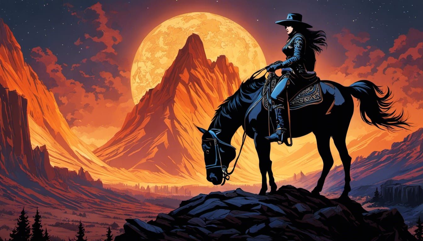 Cowgirl and Horse at Campfire in Desert Landscape