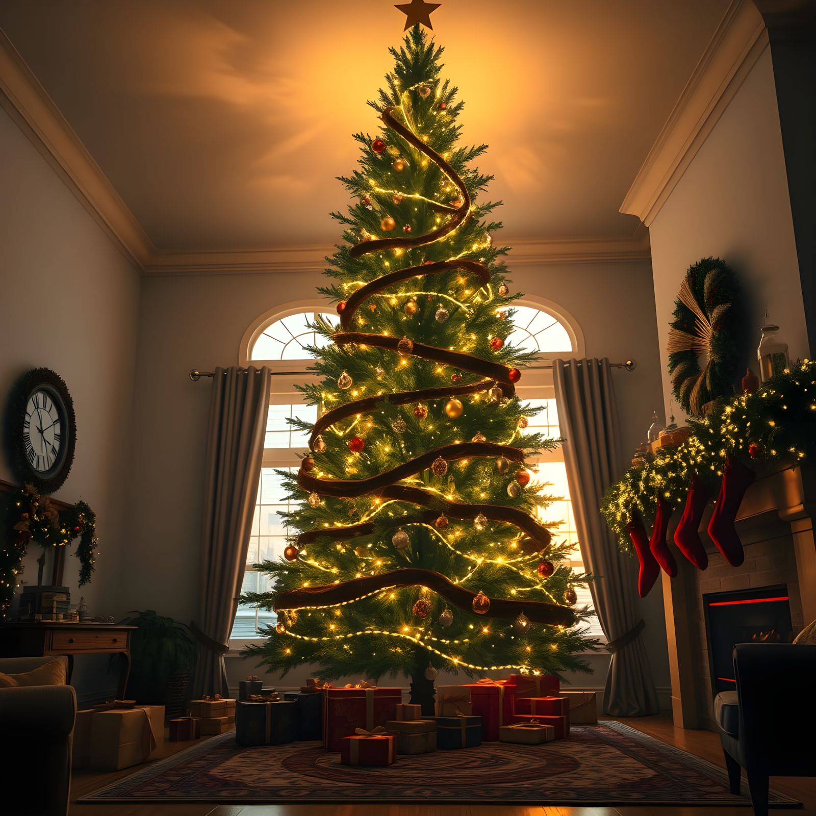 Iconic Christmas Tree Scene in Warmly Lit Living Room