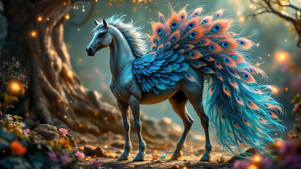 Ethereal Horse with Iridescent Peacock Wings in Whimsical Ea...