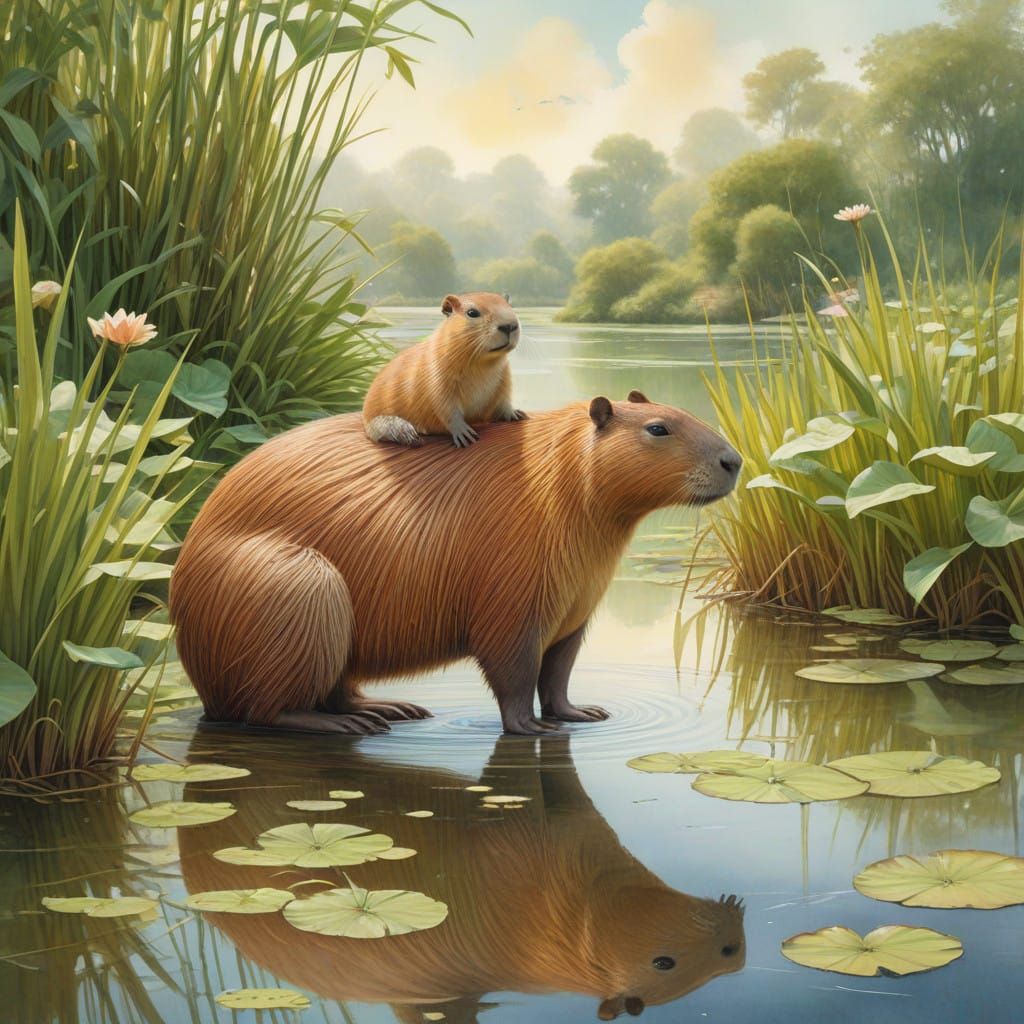 Capybara Mother and Baby in Whimsical Wetland Landscape