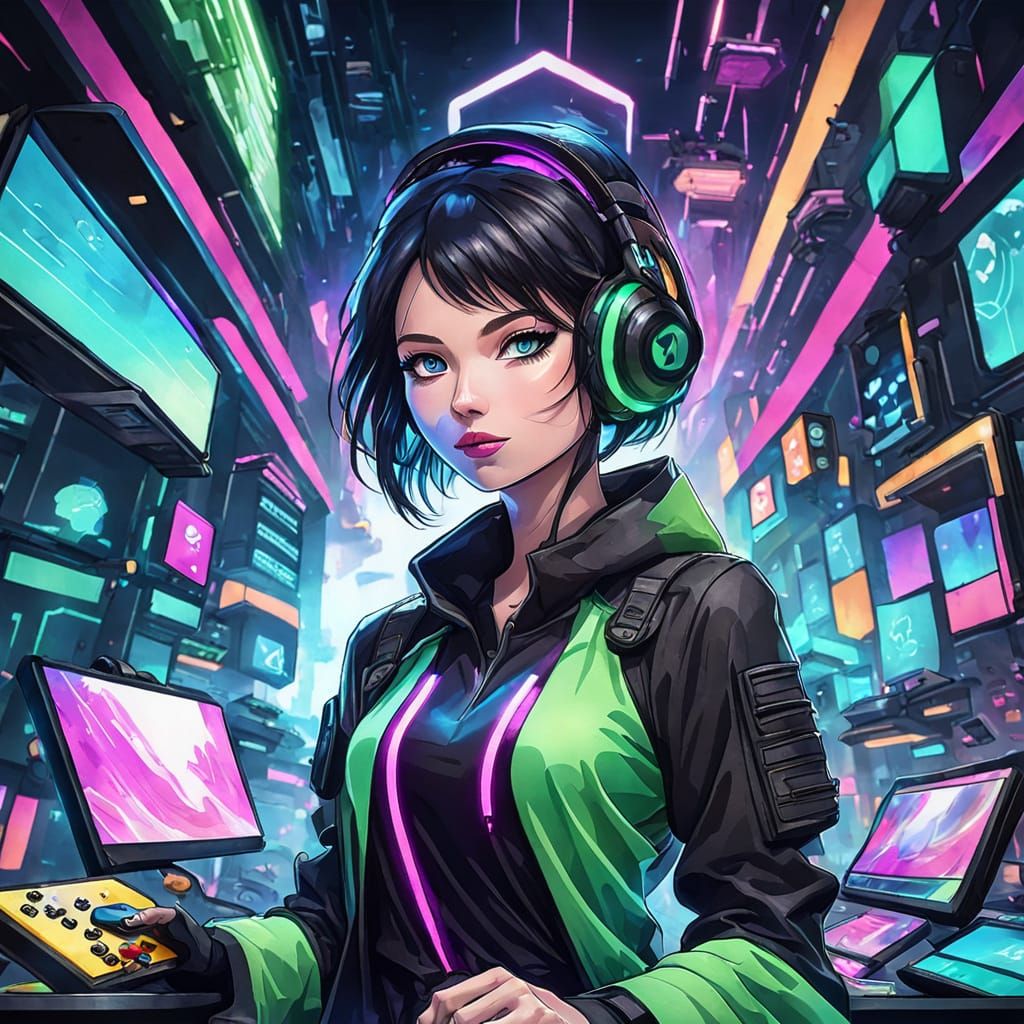 Cyberpunk Anime Girl with Game Controller and Dice