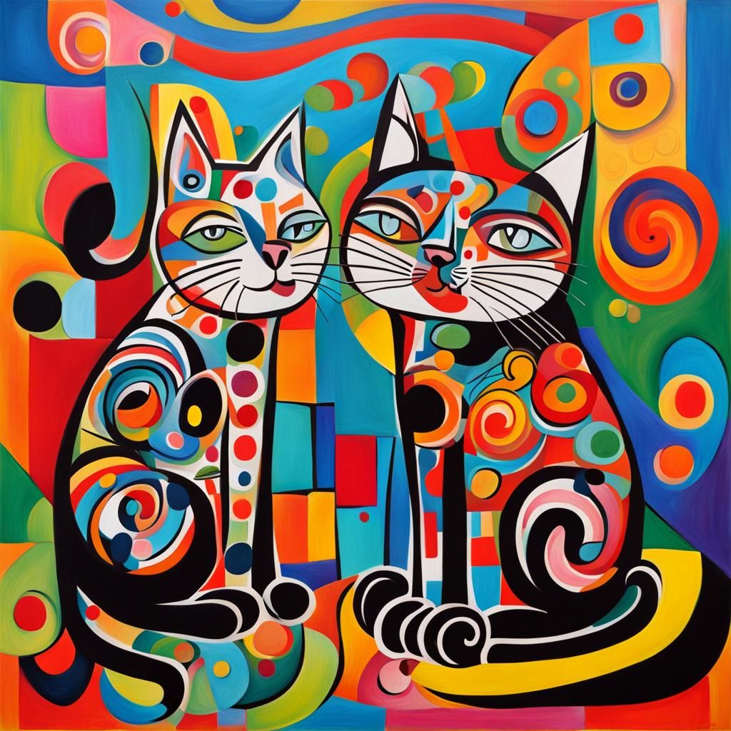 Cubist Cats Playing in Abstract Candyland