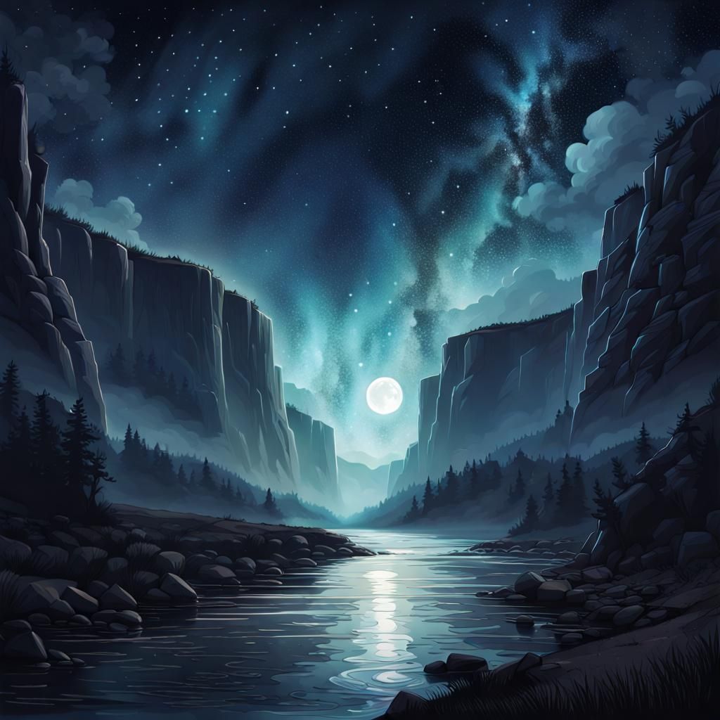 Hyperrealistic Night Sky River and Cliffs