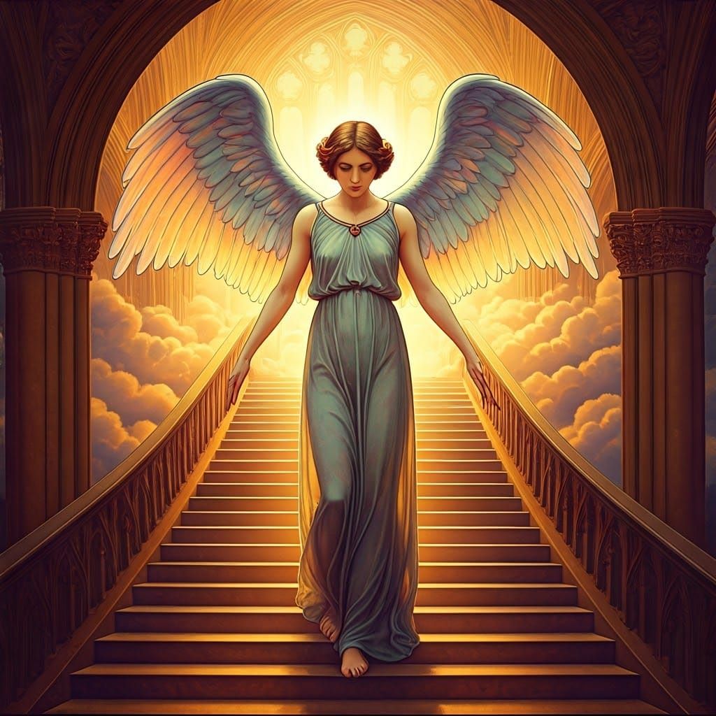 Angel Descends Grand Staircase in Celestial Cathedral