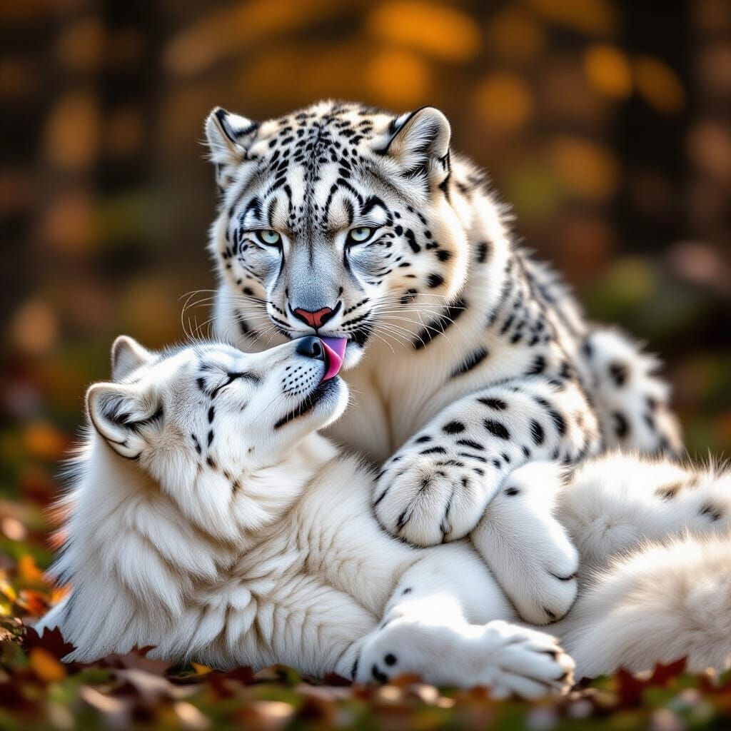 Playful Wolf Adored By Majestic Snow Leopard in Forest