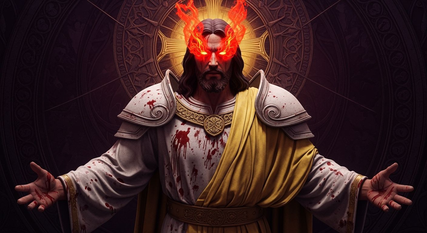 Jesus in Blood-Soaked Armor with Fiery Eyes