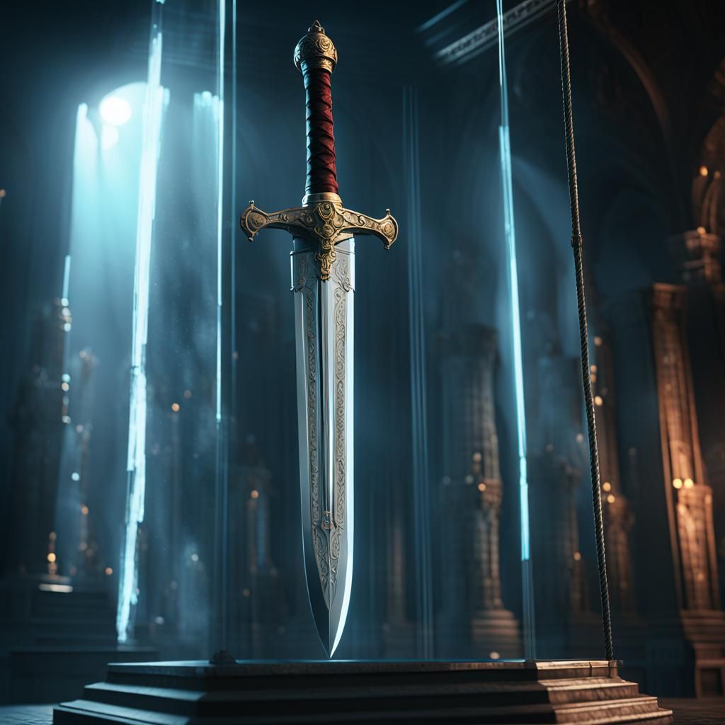 Gleaming Sword in Glass Case: Cinematic Digital Art