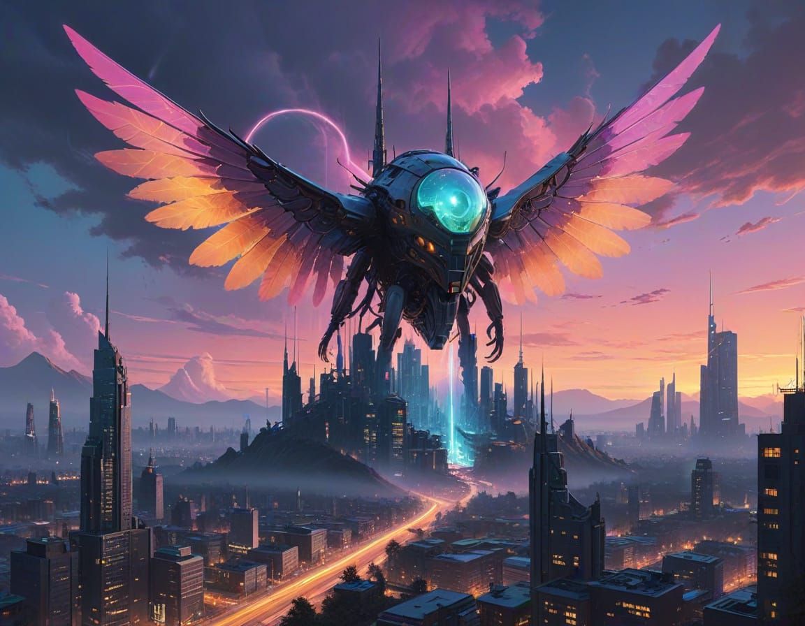 Ethereal Synthwave Cityscape with Delicate Cloud Faerie