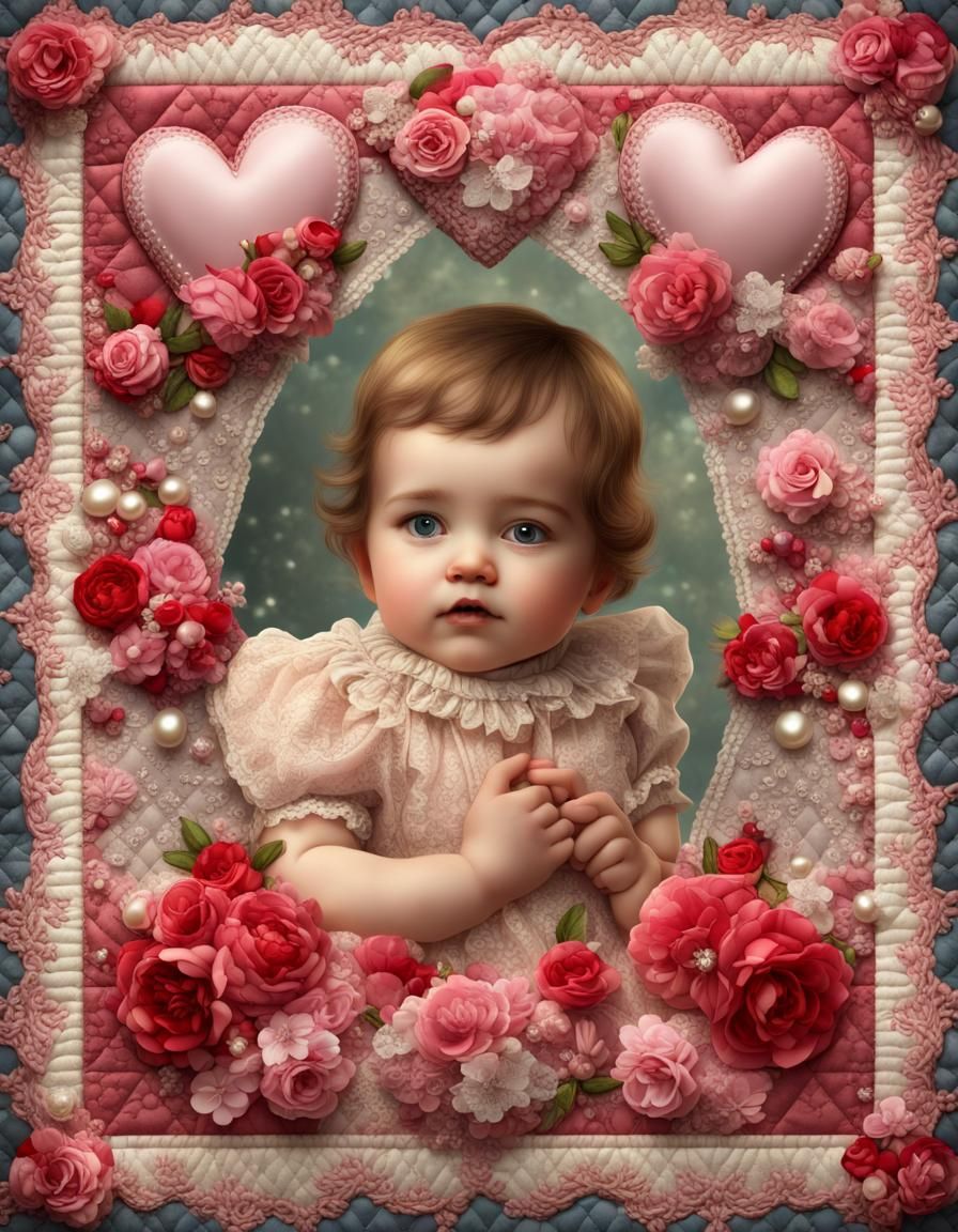 Vintage Valentine Patchwork with Flowers and Hearts