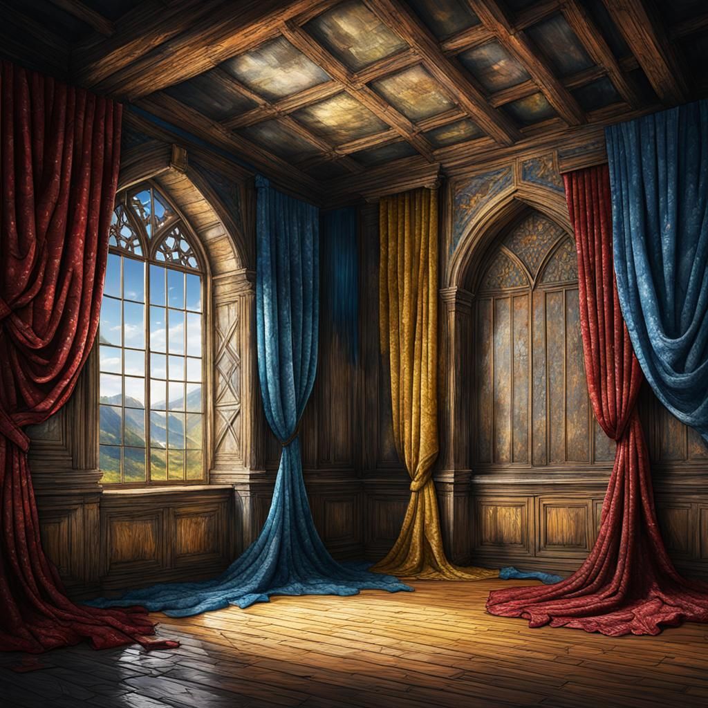 Hyperrealistic Medieval Castle Room with Blowing Curtains