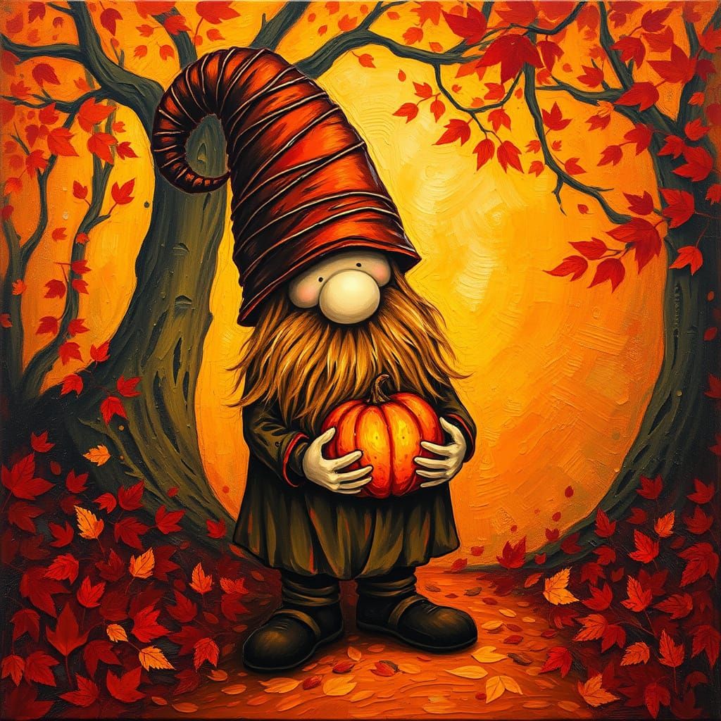 Whimsical Gnome in Autumn Forest Impasto Painting