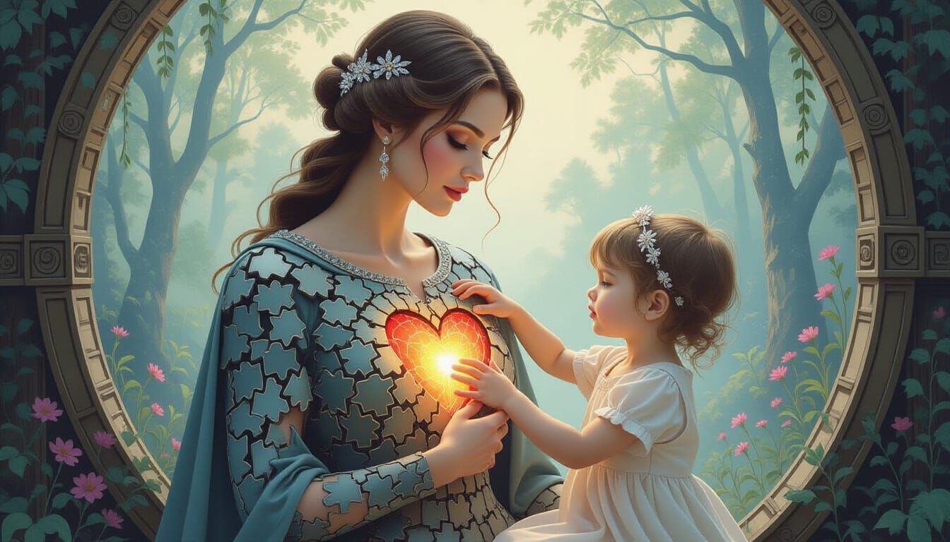 Surreal Watercolor Painting of Mother and Child Puzzle Conne...