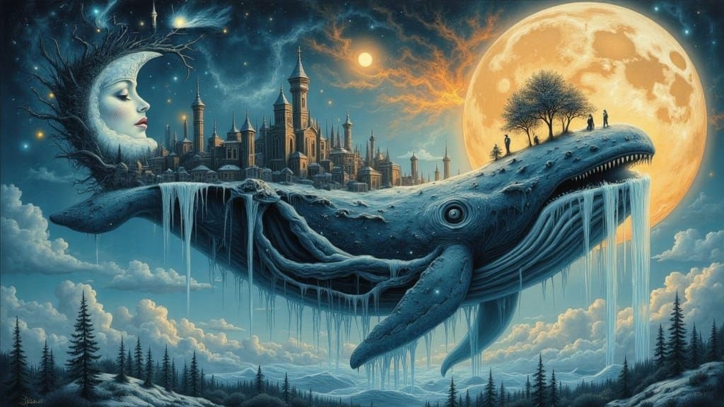 Goddess Holds Landscape Atop Whale in Manhwa Style