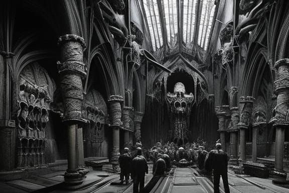 Gothic Cathedral Interior with Monsters in Film Noir