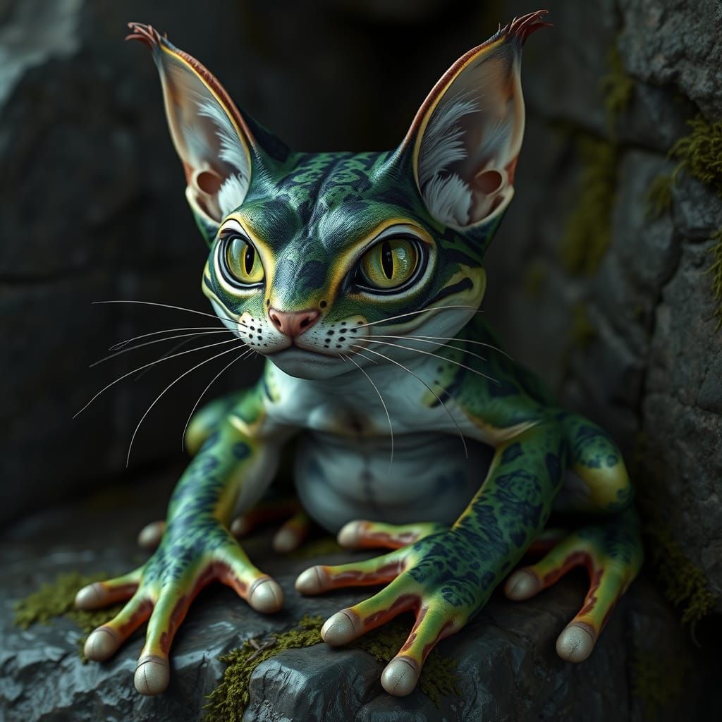 Fictional Cat-Frog Hybrid in Hyper-Realistic Portrait