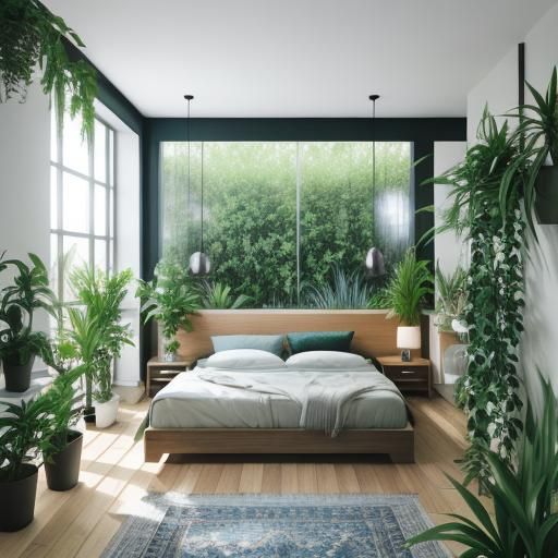 Modern Green Bedroom with Plants: Photography