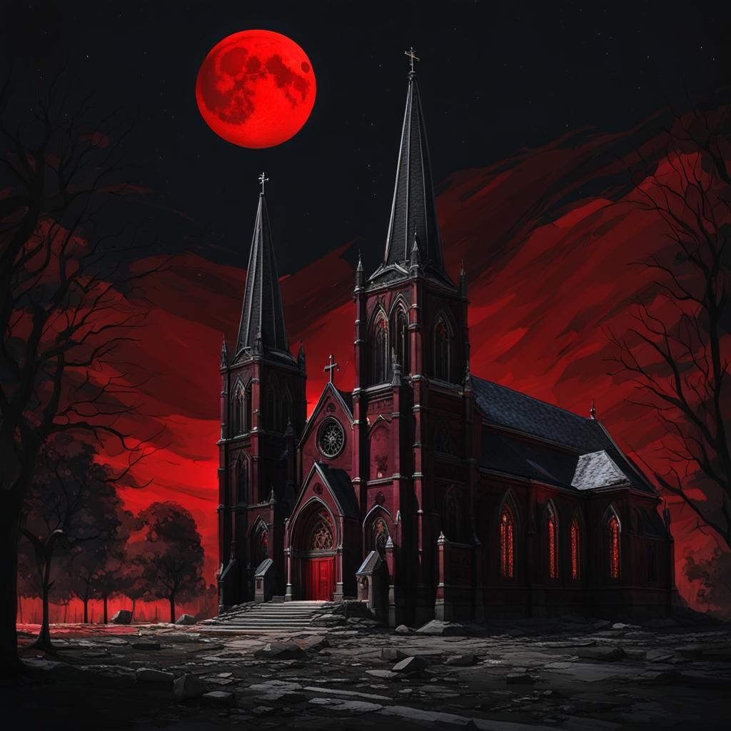 Gothic Catholic Church Under Blood Moon at Night