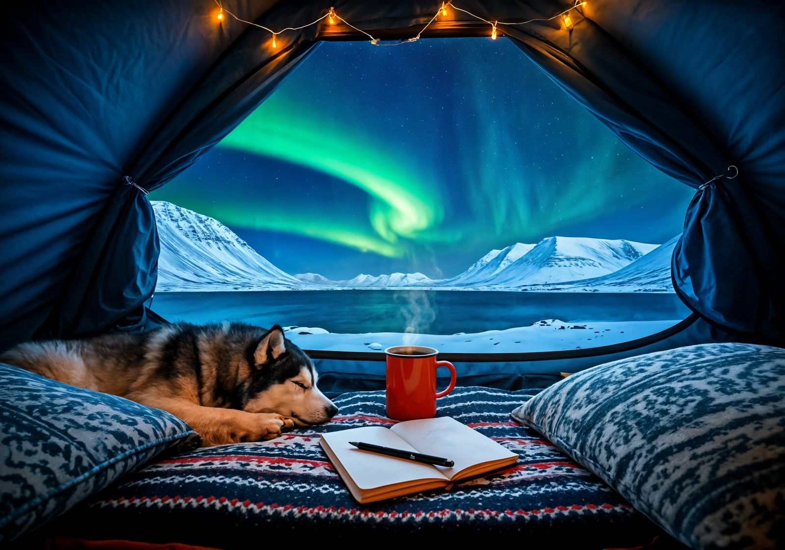 Cozy Glamping Scene under the Northern Lights