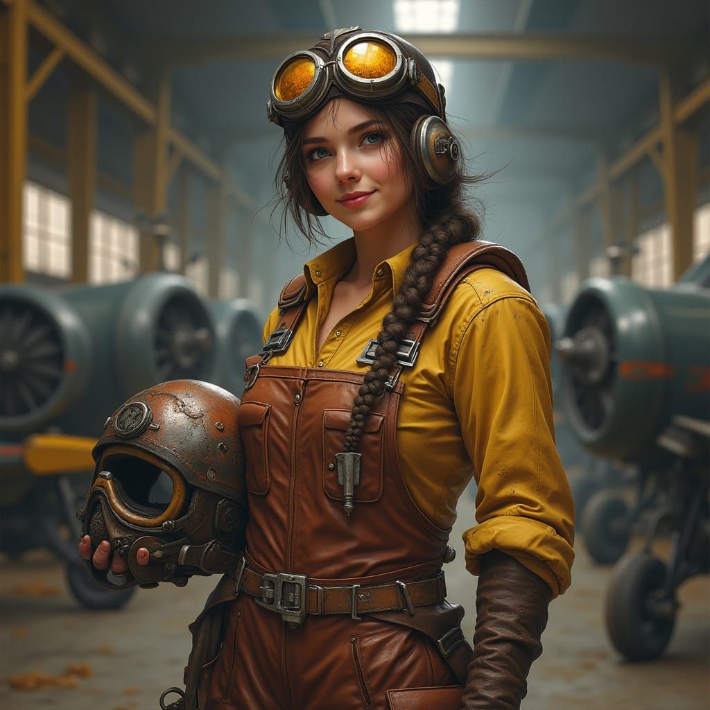 Dieselpunk Pilot Queen in Hangar, Hyperrealistic Style