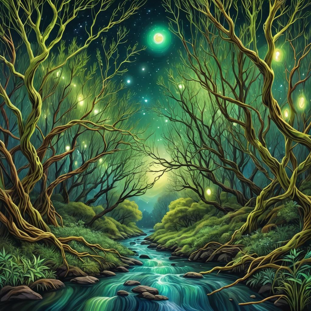 Astral Stream: Holographic Illustration of Willow Branches