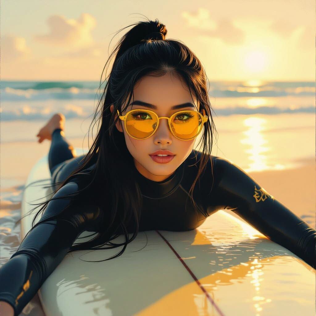 Surreal Surfer Girl on Italian Beach in Golden Hour