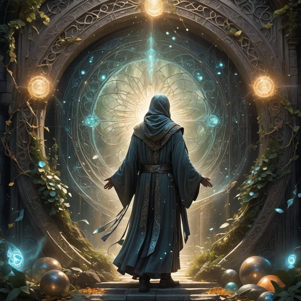 Ethereal Portal with Robed Figure: Fantasy Concept Art
