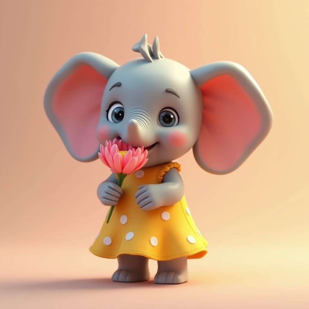 Cute Baby Elephant in Polka Dot Dress with Flower