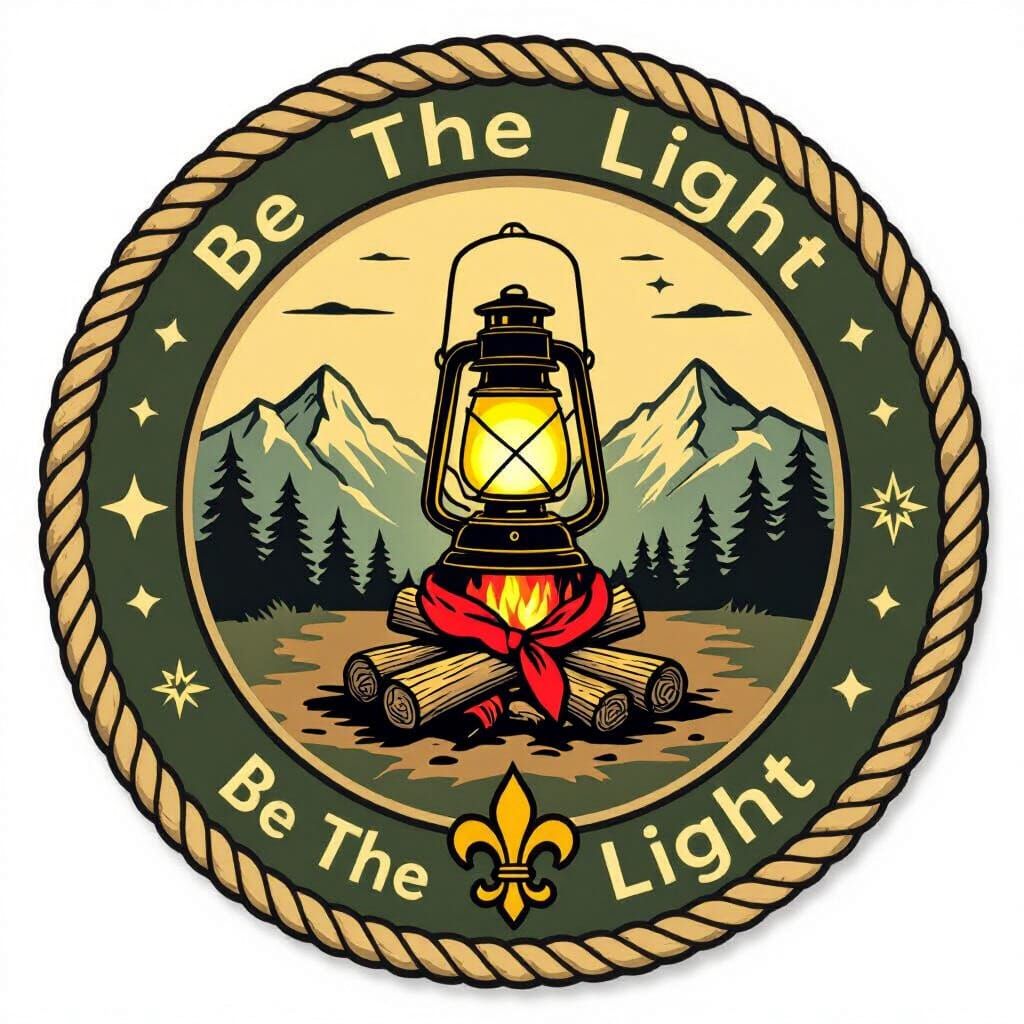 Scouting Badge with Lantern and Campfire in Military Style