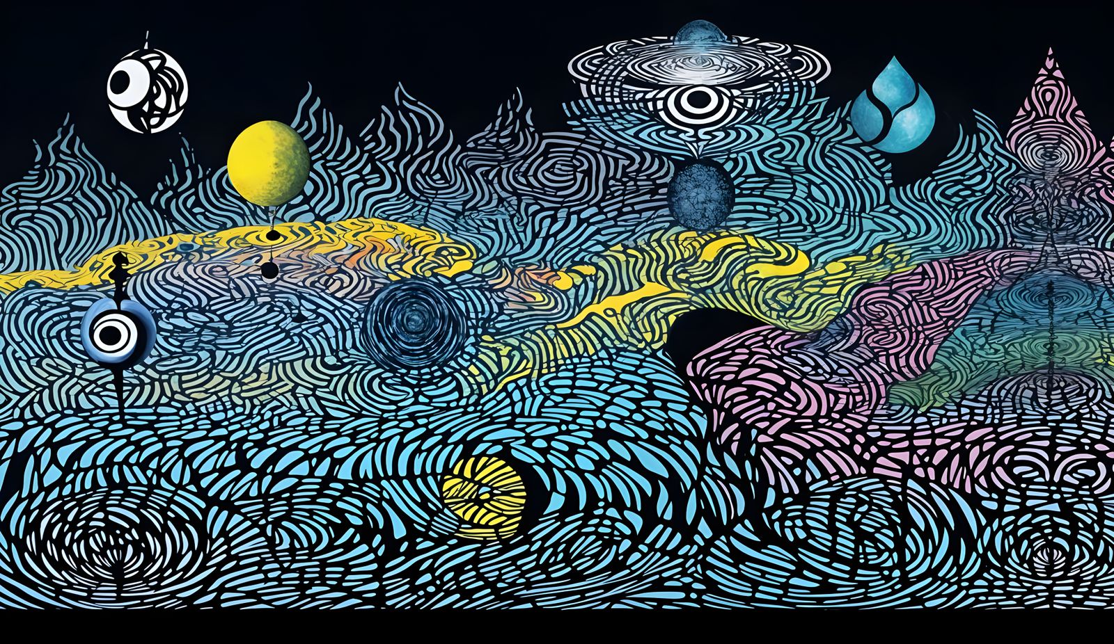 Kaleidoscopic Garden Flowing River in Psychedelic Style