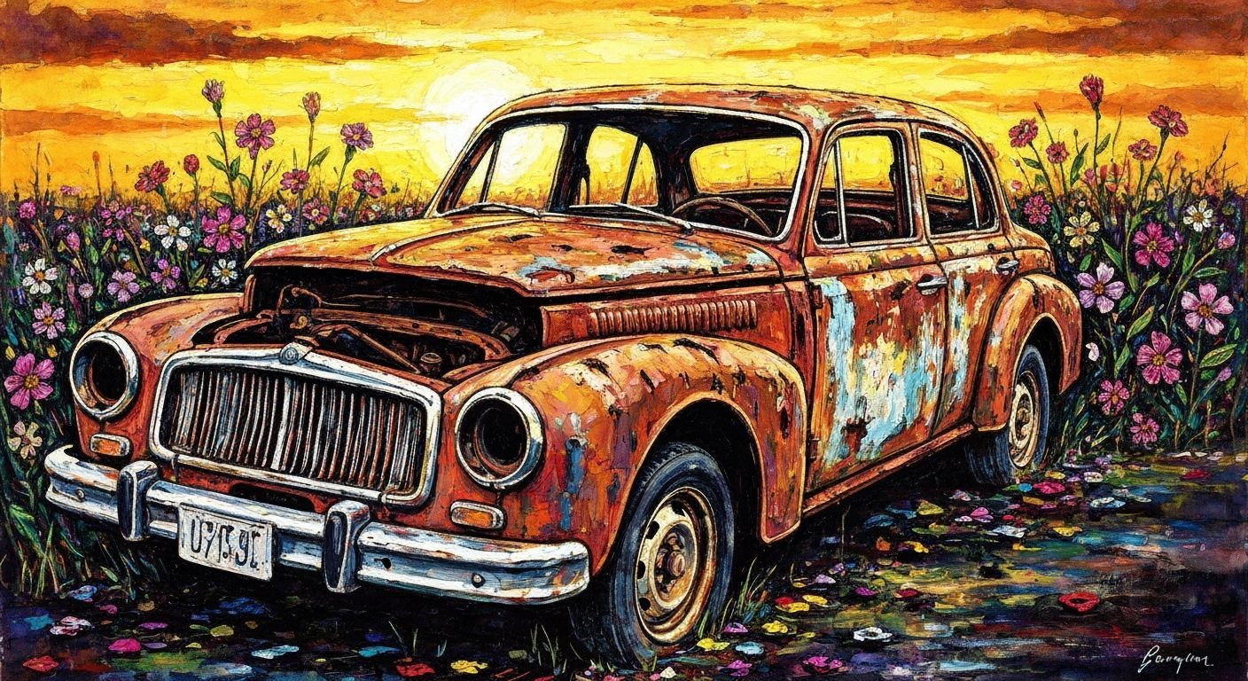 Weathered Car in Garden, Impasto Watercolor Style