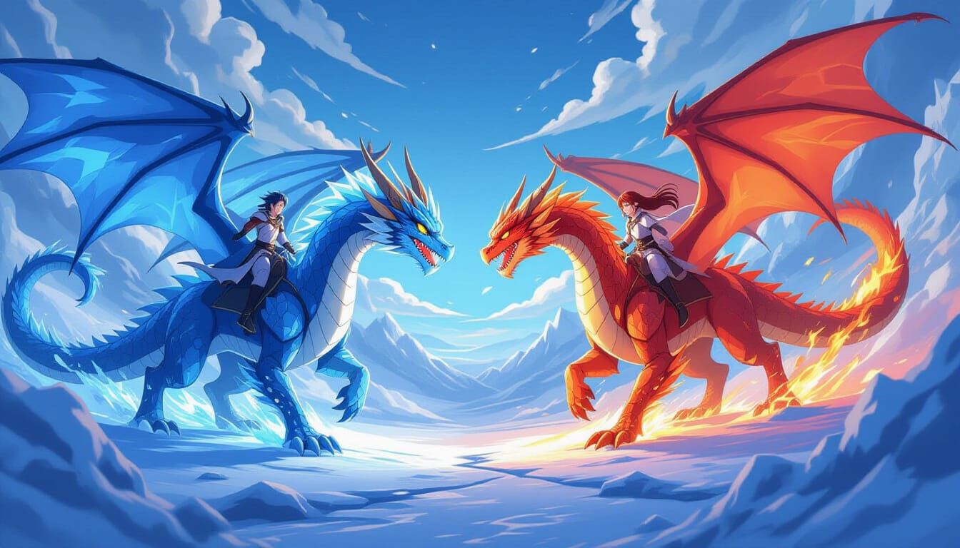Anime Dragons Clash in Fiery Ice Battle