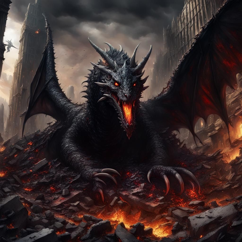 Wyvern Sleeps in Burning Metropolis: Detailed Matte Painting