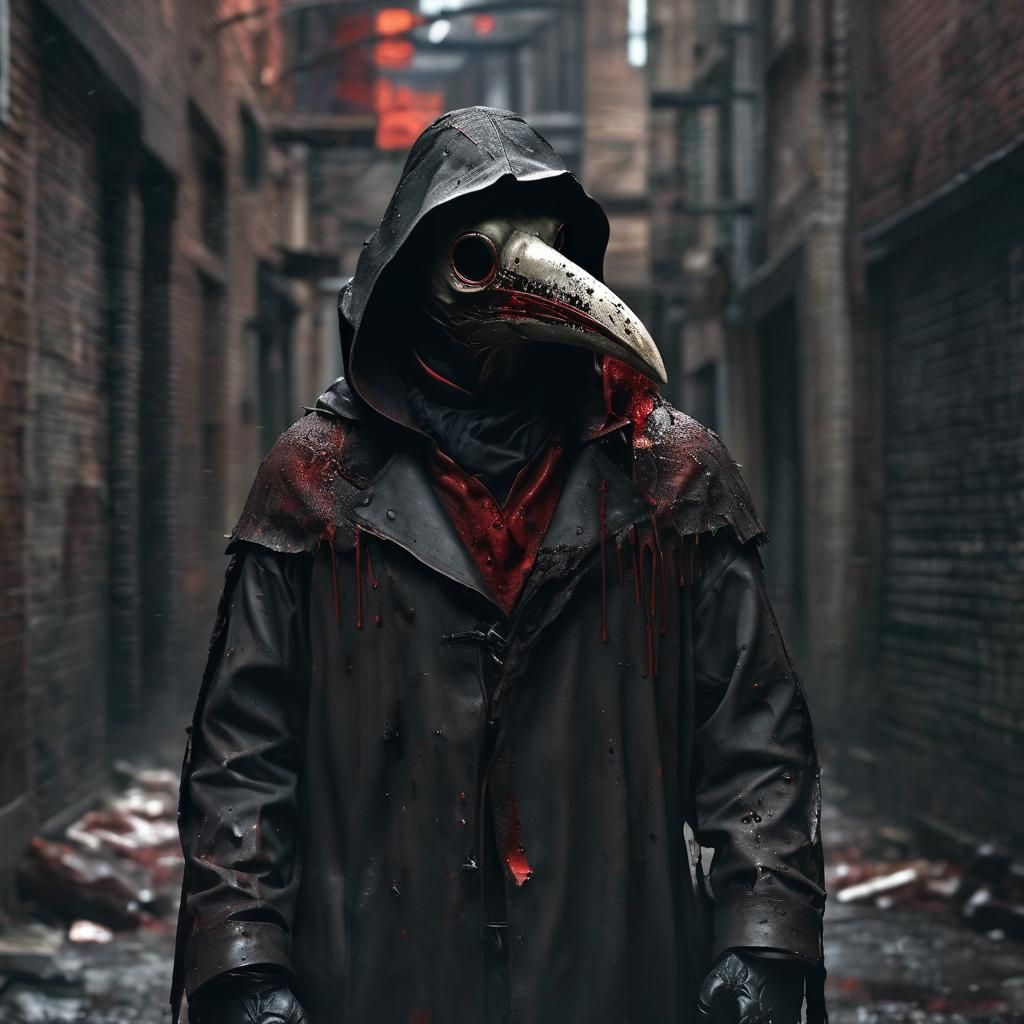 Blood-soaked Plague Doctor in Dimly Lit Alleyway