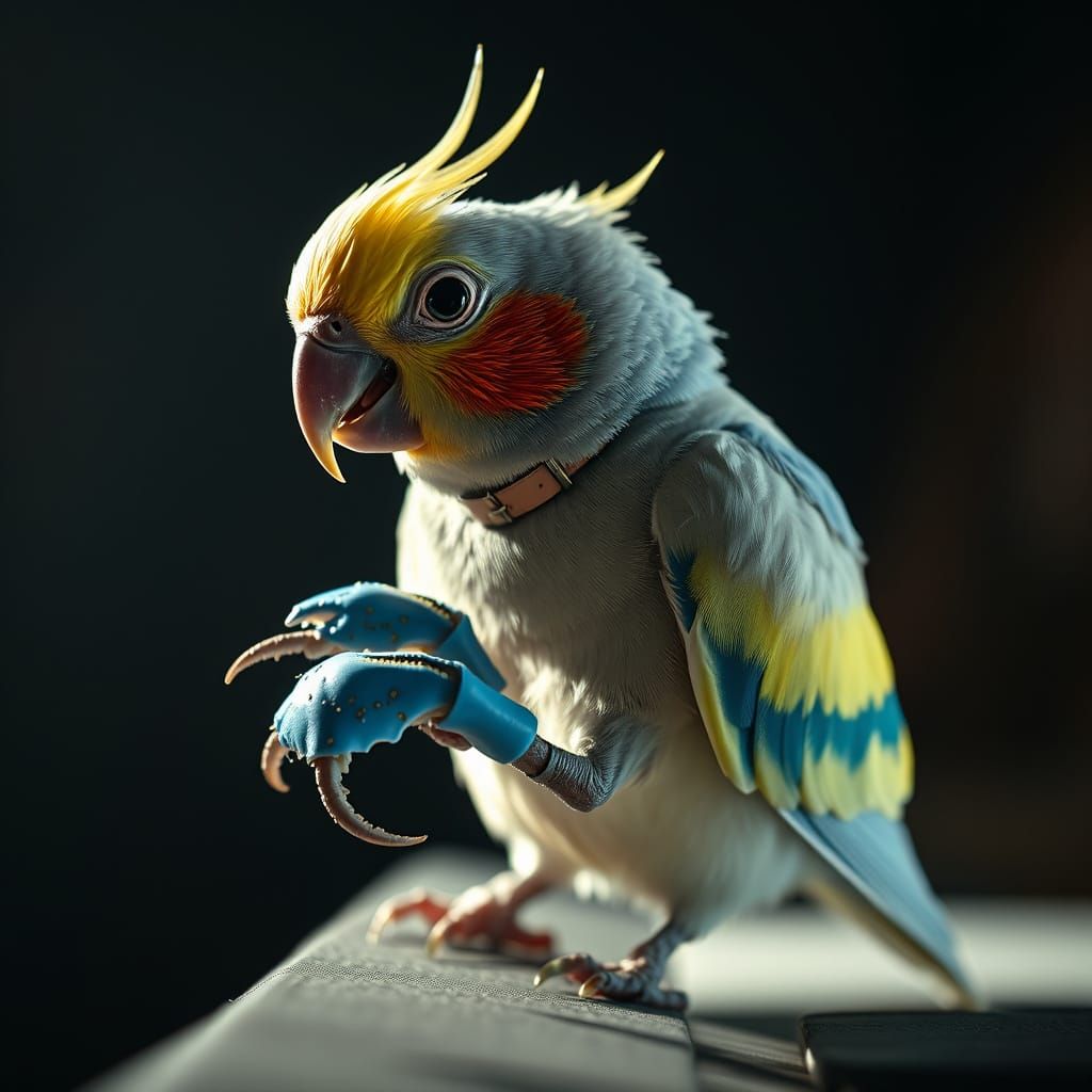 Hyper-Realistic Cockatiel Crab Hybrid in Cinematic Style