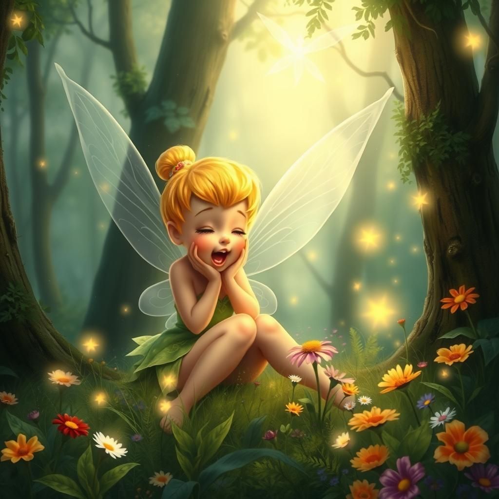 Tinkerbell Yawning in Dreamy Forest Landscape