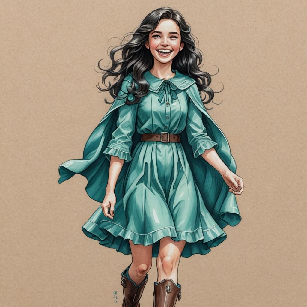 Teen Girl in Teal Dress: Colored Pencil Sketch