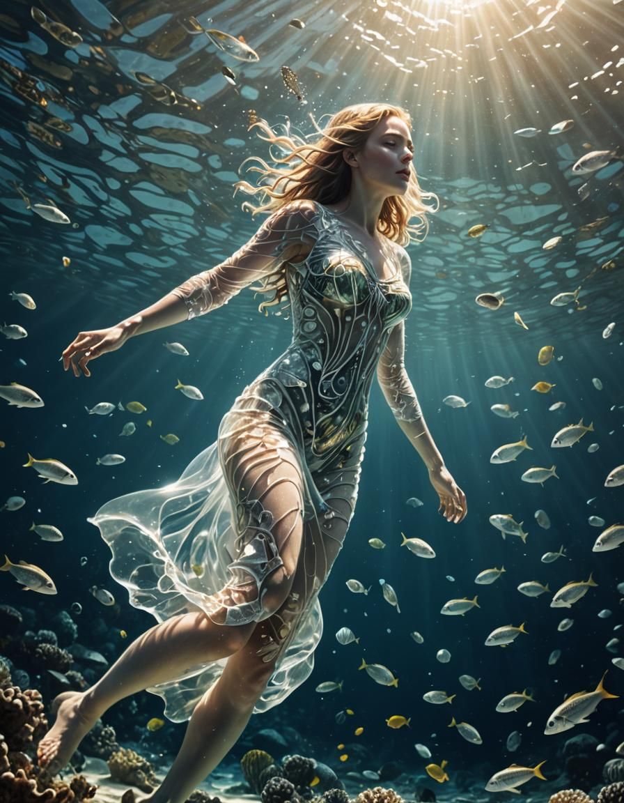 Woman Swimming Through Plastic Waste in Ocean