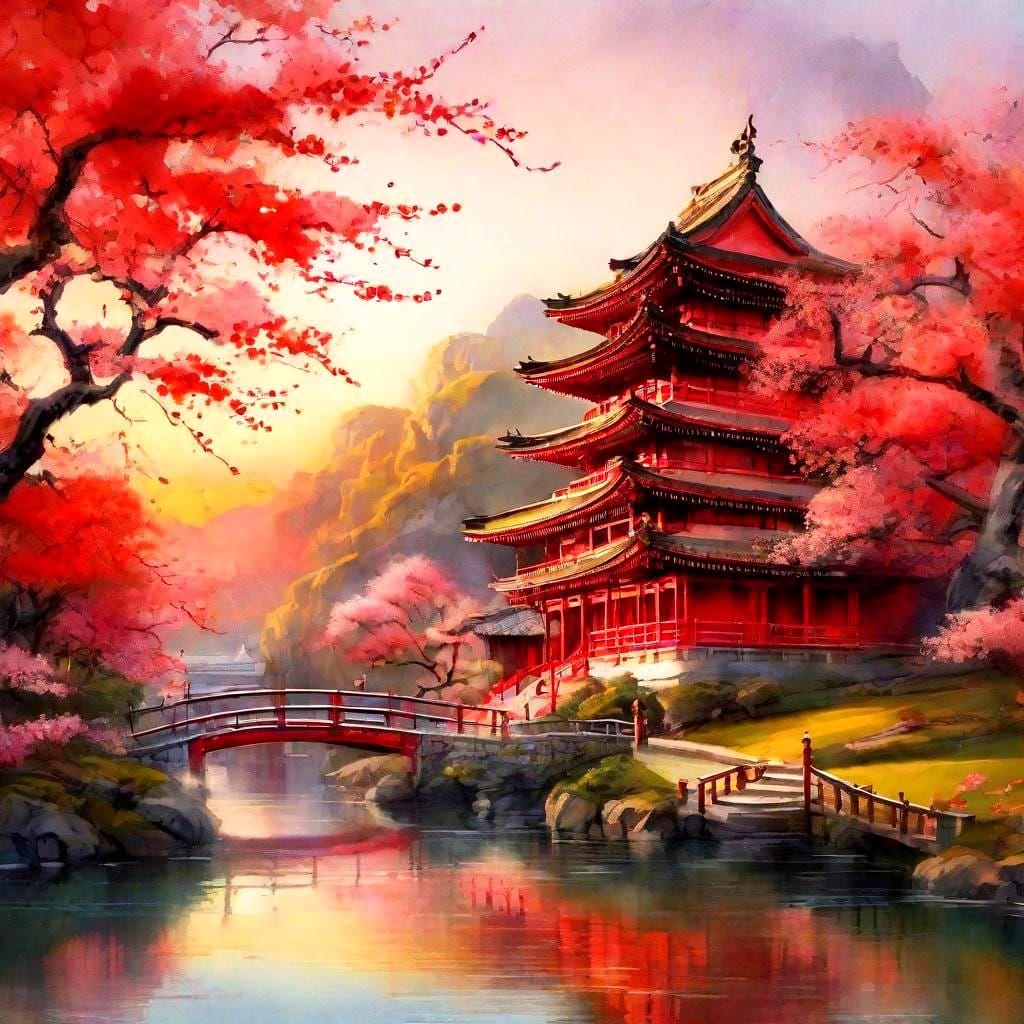 Red Oriental Temple at Sunset, Painterly Style