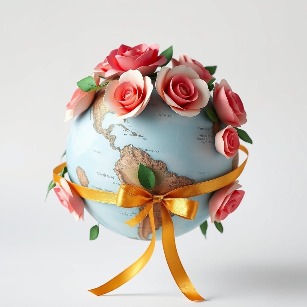 Paper Rose Planet Adorned with Gold Ribbon
