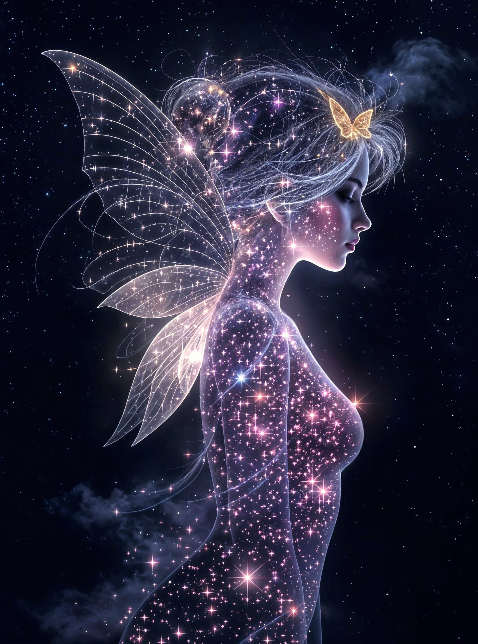 Bioluminescent Fairy Silhouette in Starry Night Sky