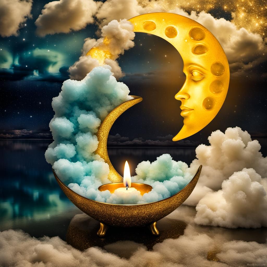 Divine Moon Candle in Dreamy Cloudscape