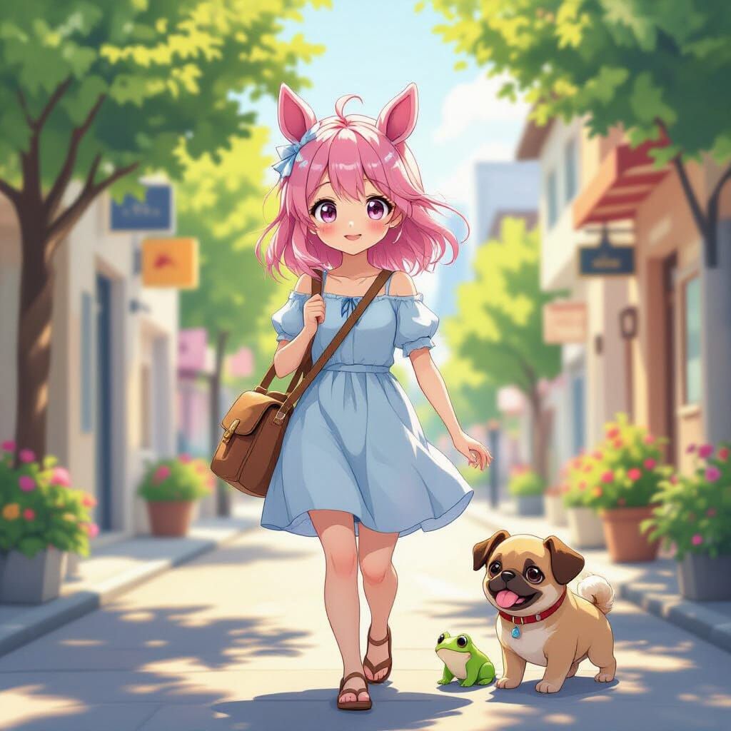 Anime Girl with Horse Ears and Pug in City