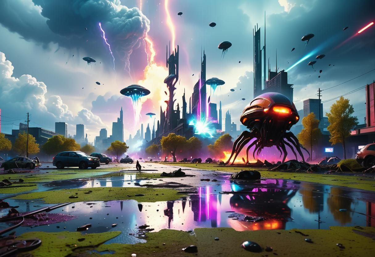 Alien Invasion: City Apocalypse in Neon Style