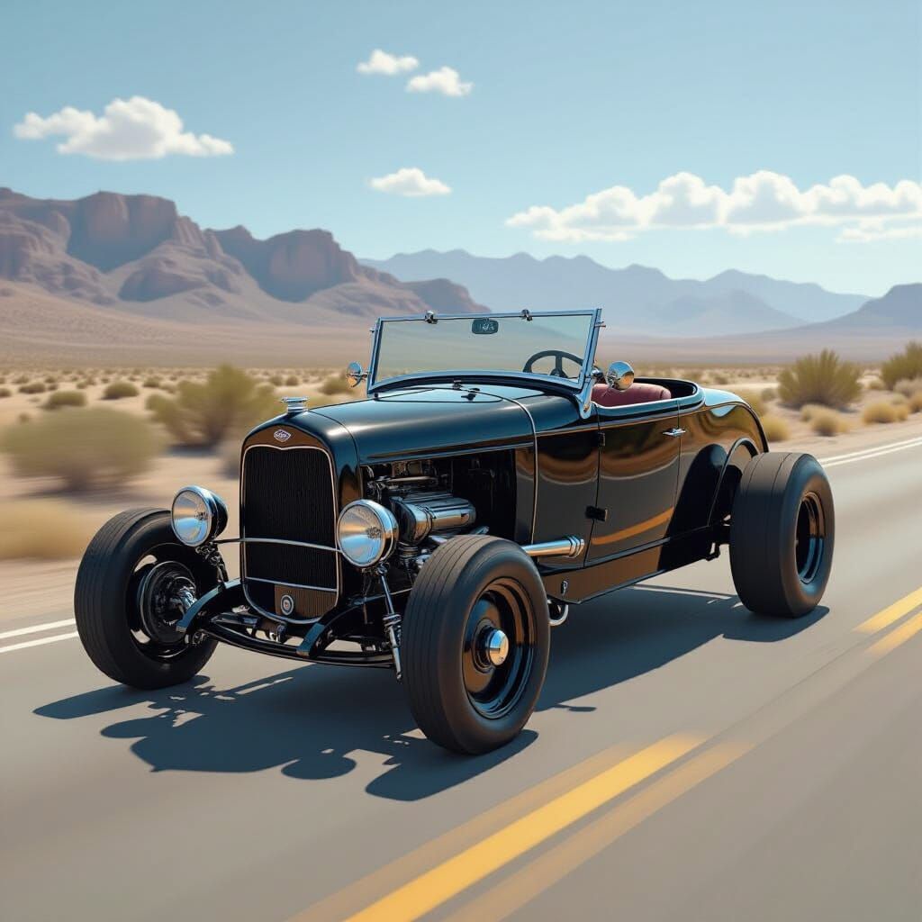 Black Hot Rod Speeding Down Country Road in Monochrome